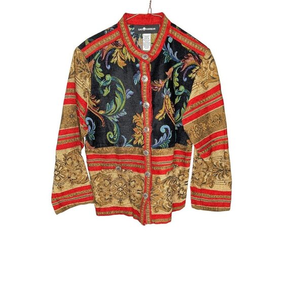 Sag Harbor Jackets & Blazers - Sag Harbor Tapestry Jacket Women's 10 Multicolor Bohemian Ornate Button Brocade